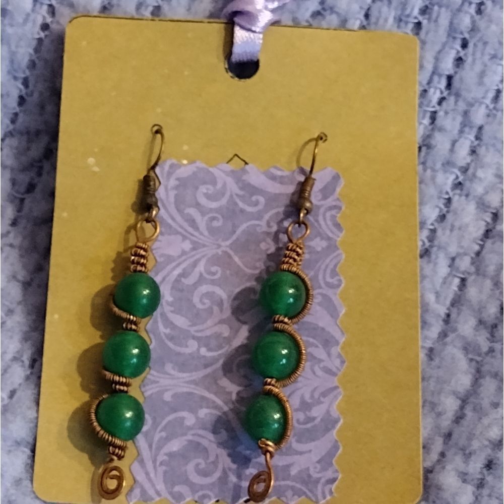 Green Brown wire wrapped earrings jewelry gift wedding ooak Xmas dangle drop